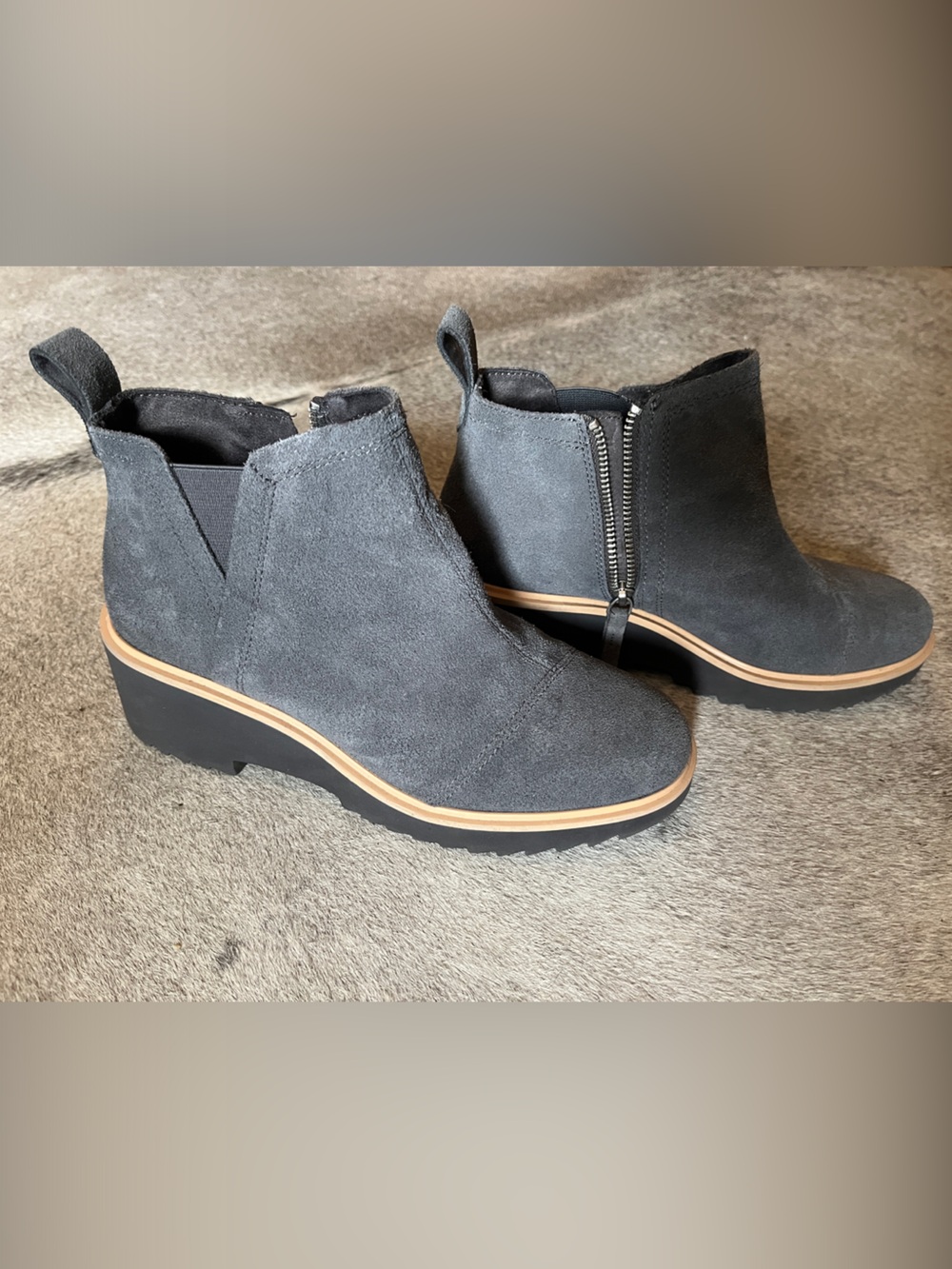 Toms Gray Suede Wedge Ankle Booties with Tan Trim